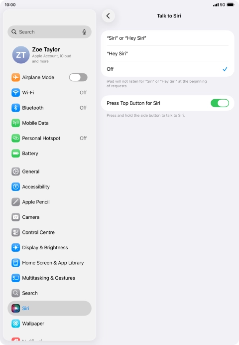 Press the required setting to turn the function on or off. If you turn on the function, you need to follow the instructions on the screen to set up Siri to recognise your voice.