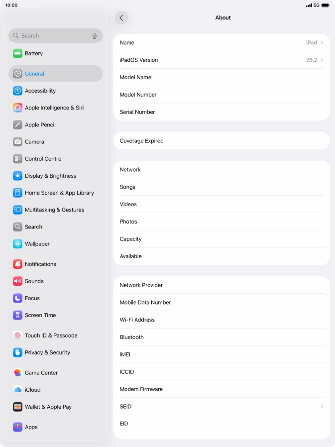 Your tablet's software version is displayed next to iPadOS Version. Your tablet's software version is displayed next to iPadOS Version.