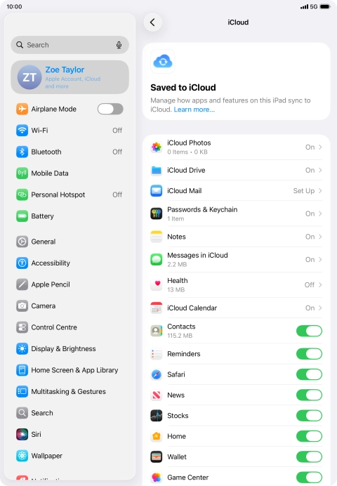 Press the indicators next to the required data types to turn synchronisation of each data type on or off. Press the indicators next to the required data types to turn synchronisation of each data type on or off.