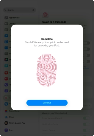 Press Continue. If you haven't previously selected a lock code, key in a code of your own choice twice.