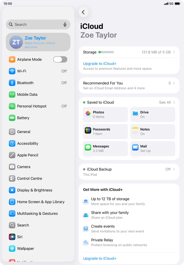 Press iCloud Backup.