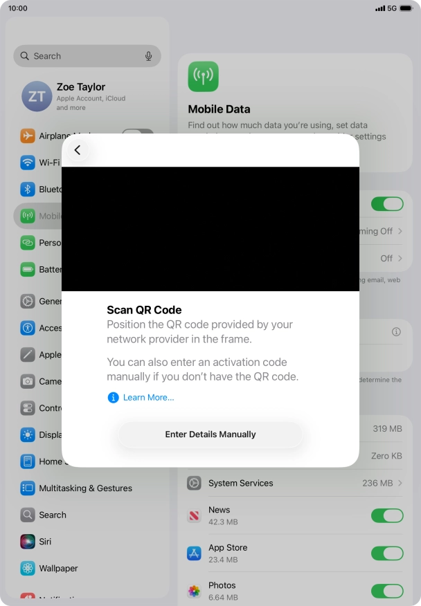 Place the QR code you've received inside the tablet camera frame to scan the code. If you’ve deleted your eSIM, you can re-add it using your existing QR code. If you’re having problems, see our FAQ.