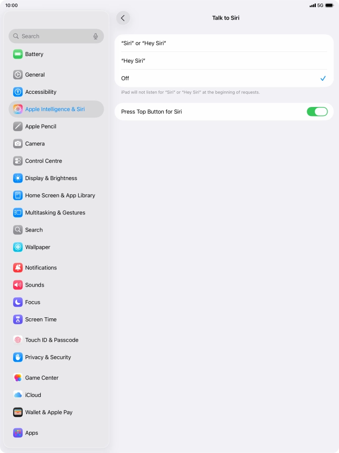 Press the required setting to turn the function on or off. If you turn on the function, you need to follow the instructions on the screen to set up Siri to recognise your voice.