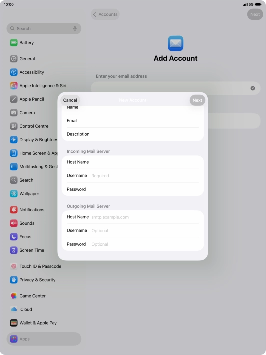 Press Username and key in the username for your email account. Press Username and key in the username for your email account.