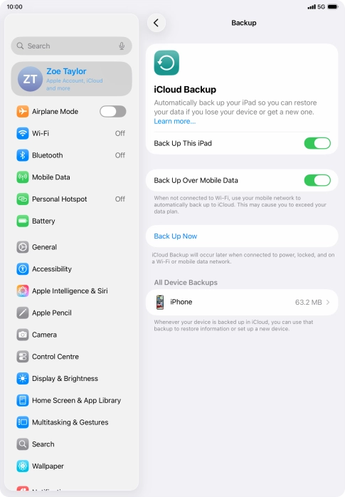 Press Back Up Now and wait while the tablet memory is backed up.