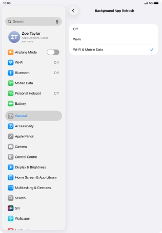 To turn off background refresh of apps, press Off.