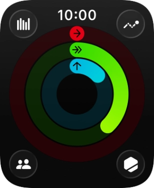 The screen will tell you how far you are from completing your daily activity goals. When the coloured rings are closed, you've reached the goals of your daily activity. The screen will tell you how far you are from completing your daily activity goals. When the coloured rings are closed, you've reached the goals of your daily activity.