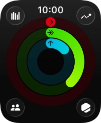 The screen will tell you how far you are from completing your daily activity goals. When the coloured rings are closed, you've reached the goals of your daily activity. The screen will tell you how far you are from completing your daily activity goals. When the coloured rings are closed, you've reached the goals of your daily activity.