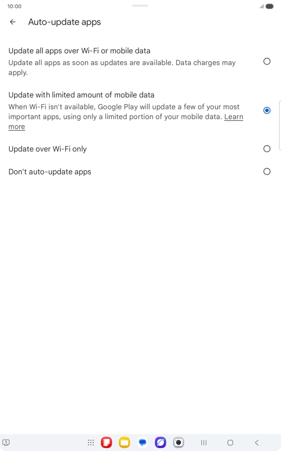 To turn on automatic update of apps using mobile network, press Update all apps over Wi-Fi or mobile data.