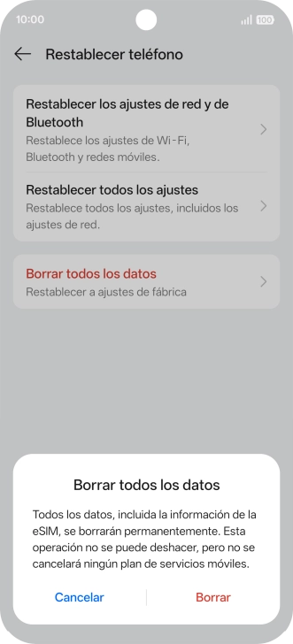 Pulsa Borrar. Espera unos instantes mientras el teléfono restablece la configuración predeterminada. Sigue las indicaciones de la pantalla para configurar el teléfono y dejarlo listo para su uso.