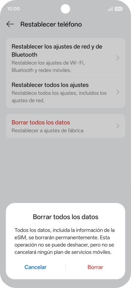 Pulsa Borrar. Espera unos instantes mientras el teléfono restablece la configuración predeterminada. Sigue las indicaciones de la pantalla para configurar el teléfono y dejarlo listo para su uso.