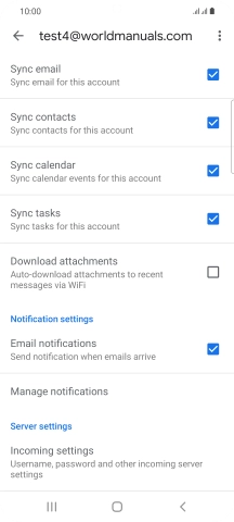 Press the fields next to the required data types to turn synchronisation on or off. Press the fields next to the required data types to turn synchronisation on or off.