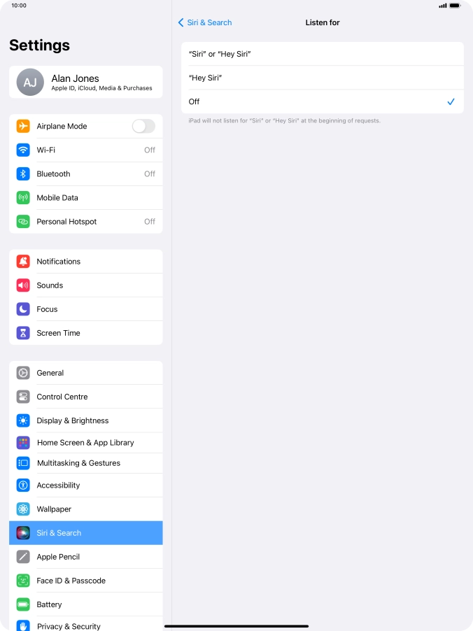 Press the required setting to turn the function on or off. If you turn on the function, you need to follow the instructions on the screen to set up Siri to recognise your voice.