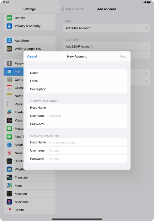 Press Username and key in the username for your email account.