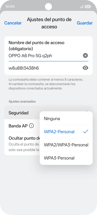 Pulsa WPA3-Personal para proteger la conexión wifi con una contraseña. Pulsa WPA3-Personal para proteger la conexión wifi con una contraseña.