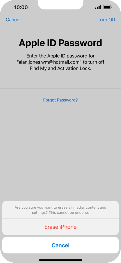 Key in the password for your Apple ID and press Erase iPhone. Wait a moment while the factory default settings are restored. Follow the instructions on the screen to set up your phone and prepare it for use. Key in the password for your Apple ID and press Erase iPhone. Wait a moment while the factory default settings are restored. Follow the instructions on the screen to set up your phone and prepare it for use.