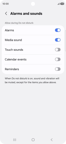 Press the required settings to turn sound and vibration for the selected functions on or off. Press the required settings to turn sound and vibration for the selected functions on or off.