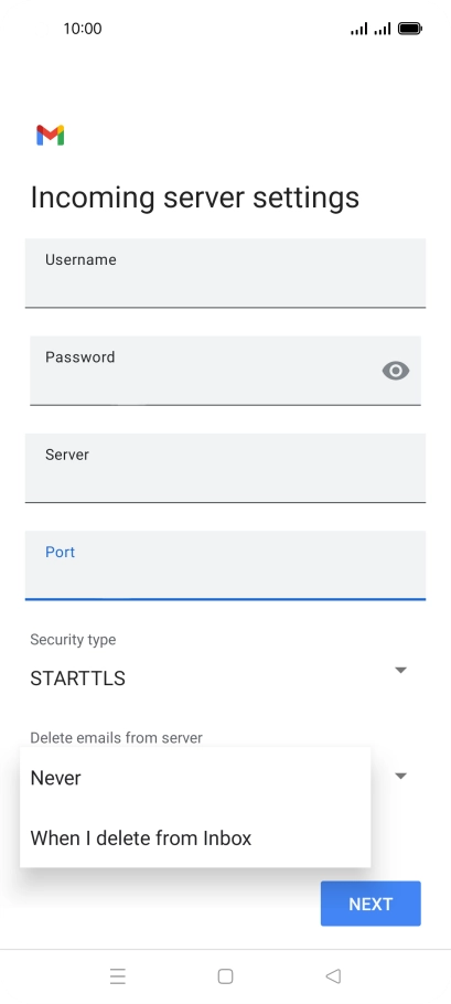 Press Never to keep email messages on the server when you delete them on your phone.