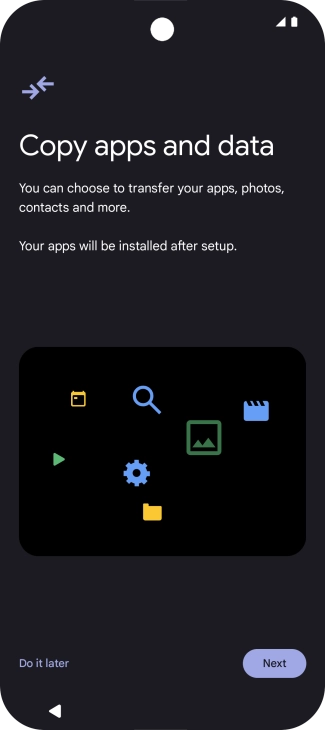 When this screen is displayed, your phone is ready to restore content from a Google One backup. When this screen is displayed, your phone is ready to restore content from a Google One backup.