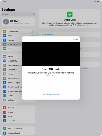 Place the QR code you've received inside the tablet camera frame to scan the code. If you’ve deleted your eSIM, you can re-add it using your existing QR code. If you’re having problems, see our FAQ.