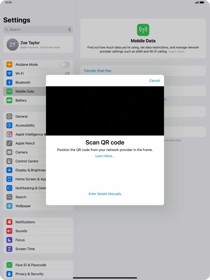 Place the QR code you've received inside the tablet camera frame to scan the code. If you’ve deleted your eSIM, you can re-add it using your existing QR code. If you’re having problems, see our FAQ.