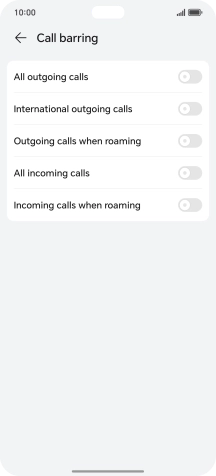 Press the indicator next to the required barring type to turn the function on or off. Press the indicator next to the required barring type to turn the function on or off.
