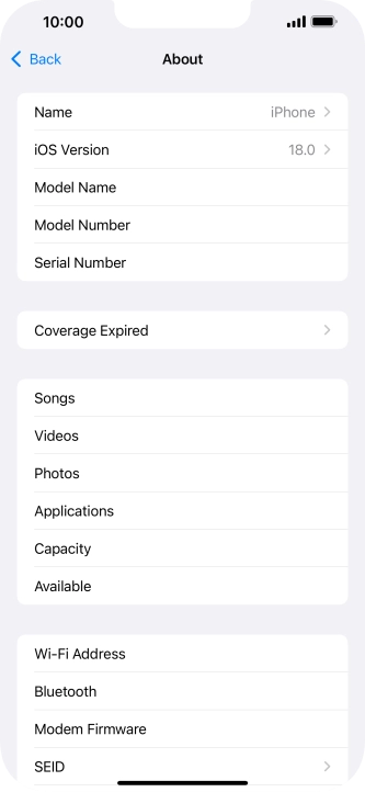 Your phone's software version is displayed next to iOS Version.
