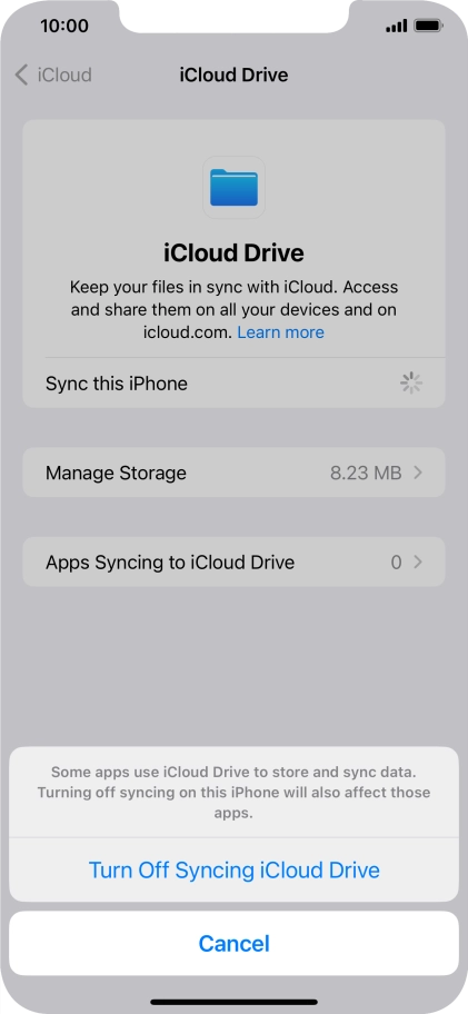 If you turn off the function, press Turn Off Syncing iCloud Drive. If you turn off the function, press Turn Off Syncing iCloud Drive.