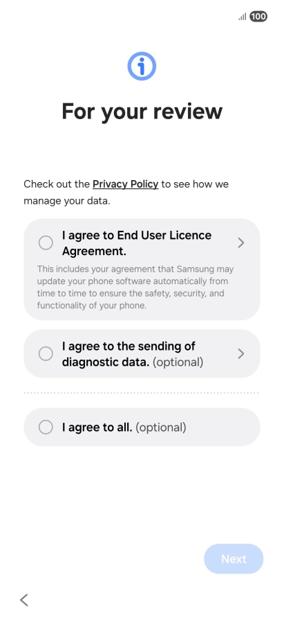 Press the fields next to the required settings to select them. Press the fields next to the required settings to select them.