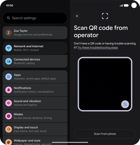 Place the QR code you've received inside the phone camera frame to scan the code. If you’ve deleted your eSIM, you can re-add it using your existing QR code. If you’re having problems, see our FAQ.