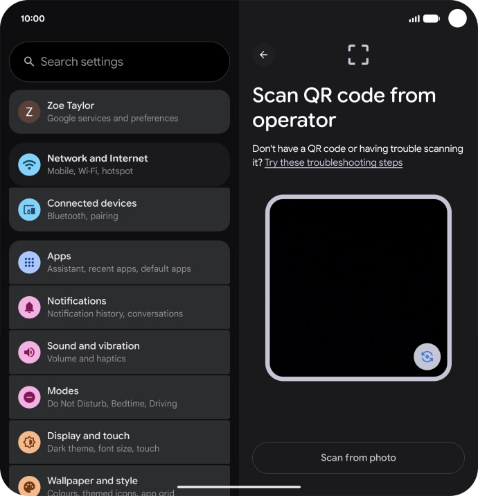 Place the QR code you've received inside the phone camera frame to scan the code. If you’ve deleted your eSIM, you can re-add it using your existing QR code. If you’re having problems, see our FAQ.