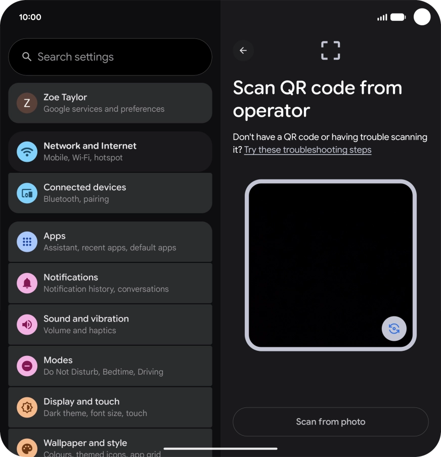 Place the QR code you've received inside the phone camera frame to scan the code. If you’ve deleted your eSIM, you can re-add it using your existing QR code. If you’re having problems, see our FAQ.