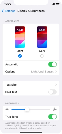 If you turn on the function, press Options and follow the instructions on the screen to select the required period of time for Dark Mode. If you turn on the function, press Options and follow the instructions on the screen to select the required period of time for Dark Mode.