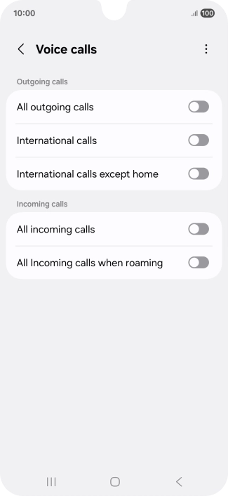 Press the indicator next to the required barring type to turn the function on or off. Press the indicator next to the required barring type to turn the function on or off.