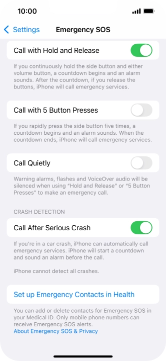 Press Set up Emergency Contacts in Health and follow the instructions on the screen to key in your emergency info and emergency contacts. Press Set up Emergency Contacts in Health and follow the instructions on the screen to key in your emergency info and emergency contacts.