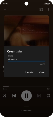 Introduce el nombre deseado de la lista de reproducción y pulsa Crear. Introduce el nombre deseado de la lista de reproducción y pulsa Crear.