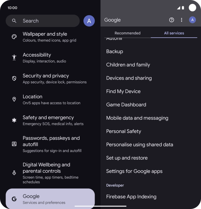 Press Settings for Google apps.