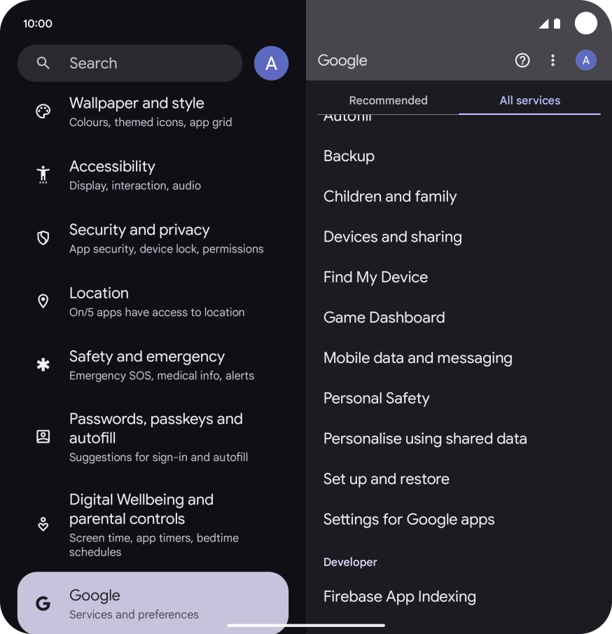 Press Settings for Google apps.