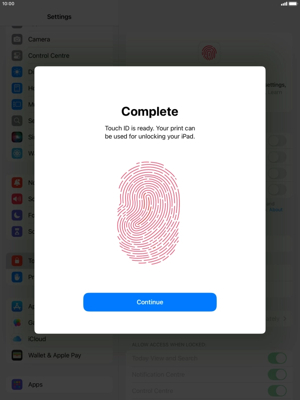 Press Continue. If you haven't previously selected a lock code, key in a code of your own choice twice.