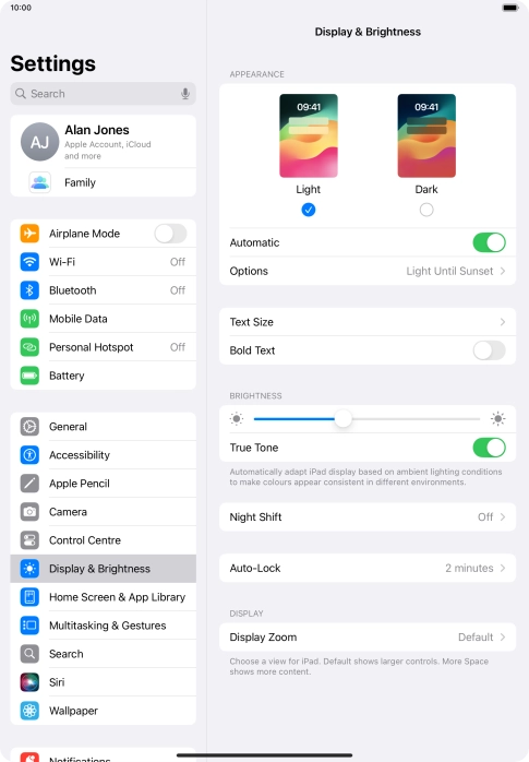 If you turn on the function, press Options and follow the instructions on the screen to select the required period of time for Dark Mode.