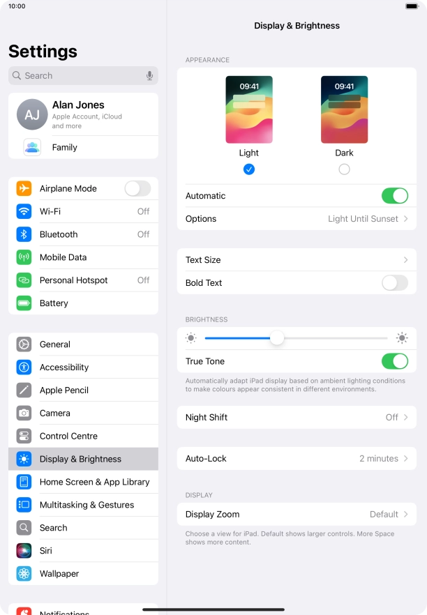 If you turn on the function, press Options and follow the instructions on the screen to select the required period of time for Dark Mode.