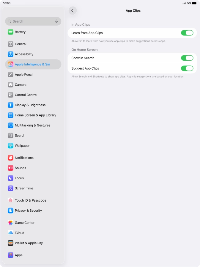Press the indicators next to the required settings to turn them on or off.