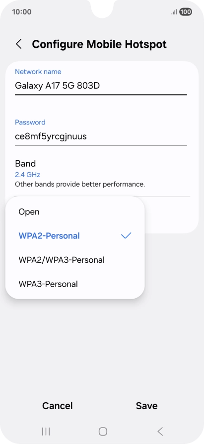 Press WPA3-Personal to password protect your Wi-Fi hotspot. Press WPA3-Personal to password protect your Wi-Fi hotspot.
