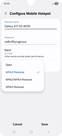 Press WPA3-Personal to password protect your Wi-Fi hotspot. Press WPA3-Personal to password protect your Wi-Fi hotspot.