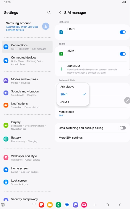 Press the required setting.