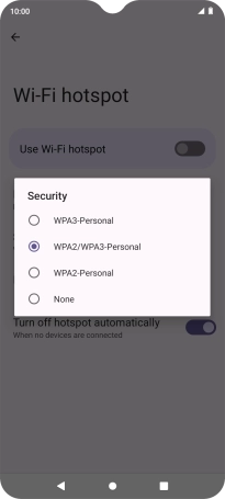 Press WPA3-Personal to password protect your Wi-Fi hotspot. Press WPA3-Personal to password protect your Wi-Fi hotspot.