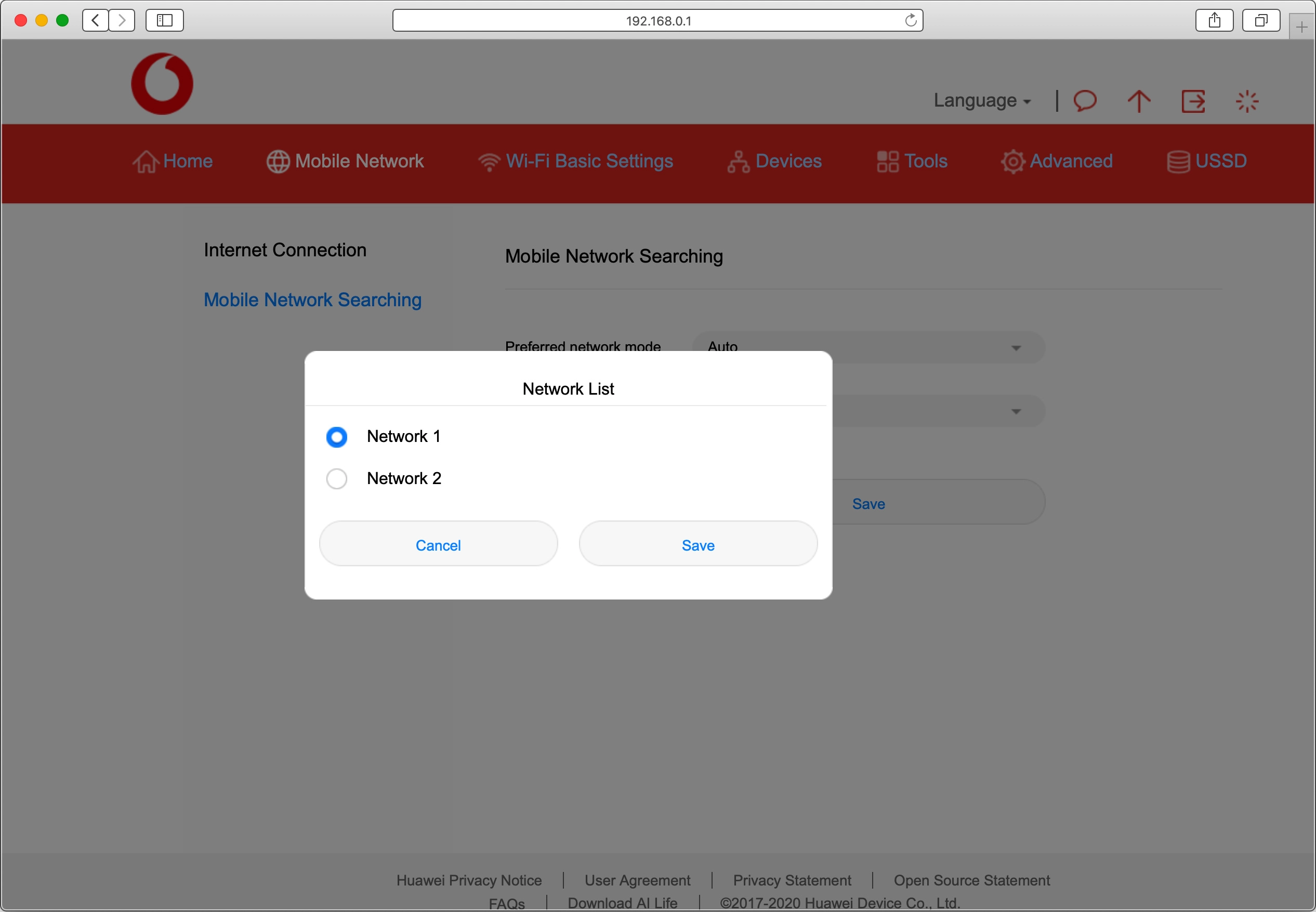 Click the field next to the required network.