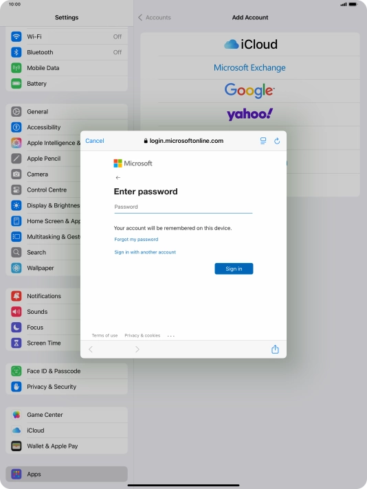 Press Password and key in the password for your email account.