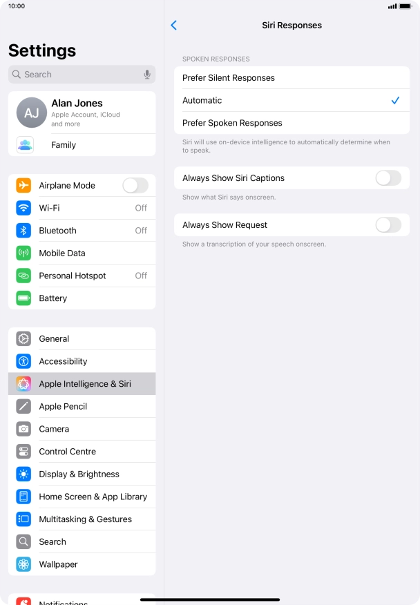 Press the required setting.