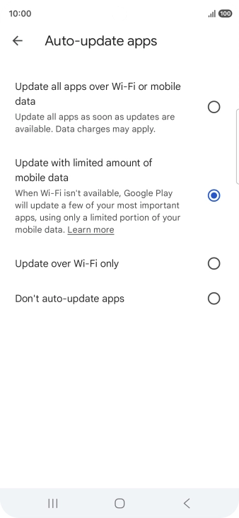 To turn on automatic update of apps using mobile network, press Update all apps over Wi-Fi or mobile data. To turn on automatic update of apps using mobile network, press Update all apps over Wi-Fi or mobile data.